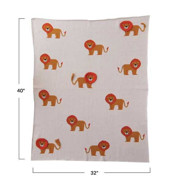 Knit Baby Blanket with Lions & Applique Manes