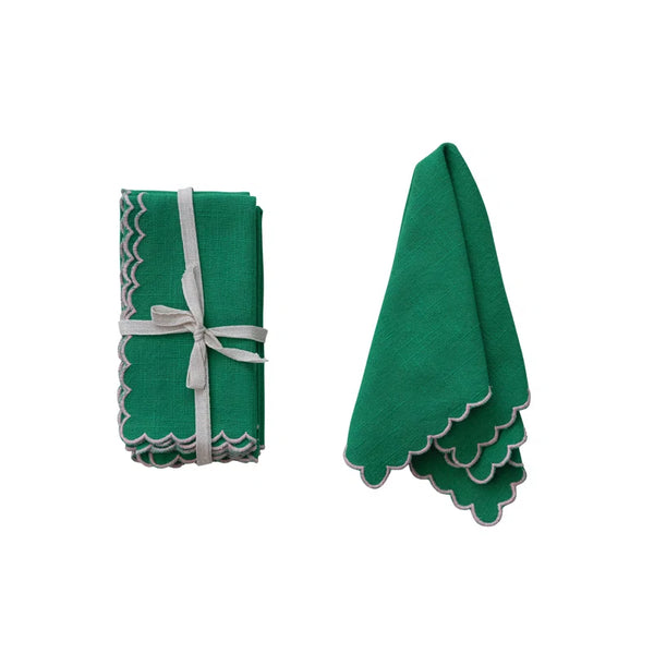 Green Napkins with Stitched Scalloped Edge - Set of 4