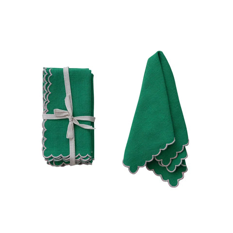Green Napkins with Stitched Scalloped Edge - Set of 4