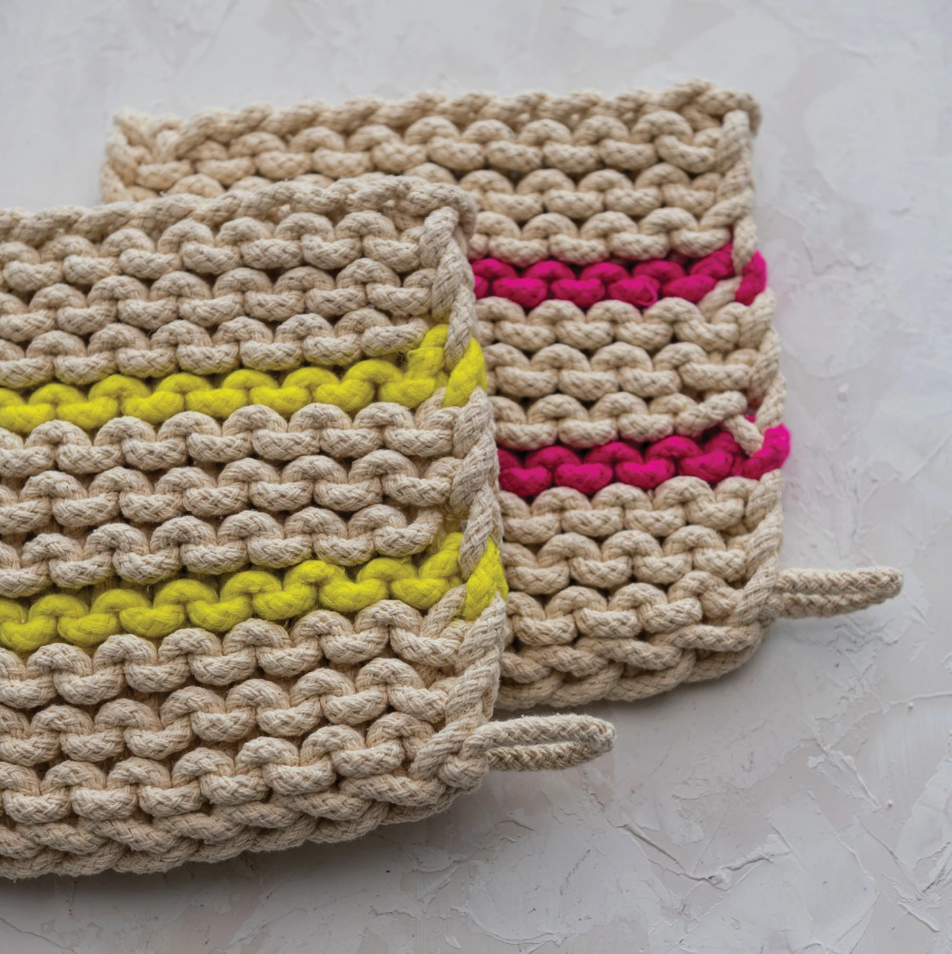 Crocheted Pot Holder w/ Pink Neon Stripes