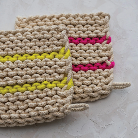 Crocheted Pot Holder w/ Pink Neon Stripes