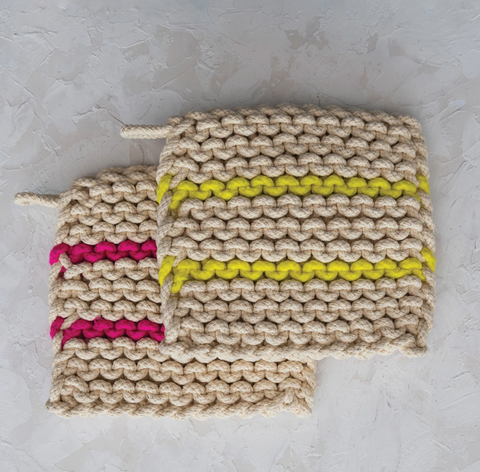 Crocheted Pot Holder w/ Yellow Neon Stripes