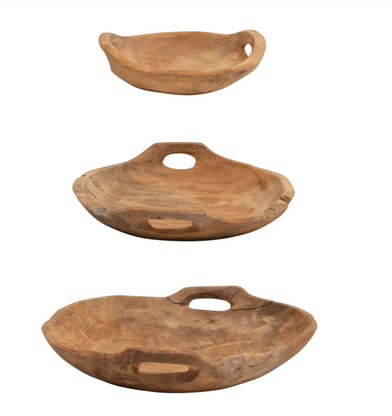Teak Wood Bowls W/ Handles, Set of 3