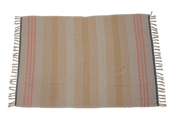 Woven Cotton Blend Throw - Stripes/Fringe