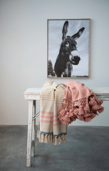 Woven Cotton Blend Throw - Stripes/Fringe