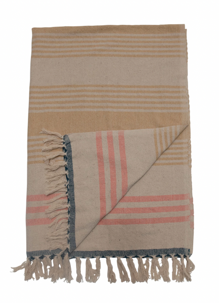 Woven Cotton Blend Throw - Stripes/Fringe