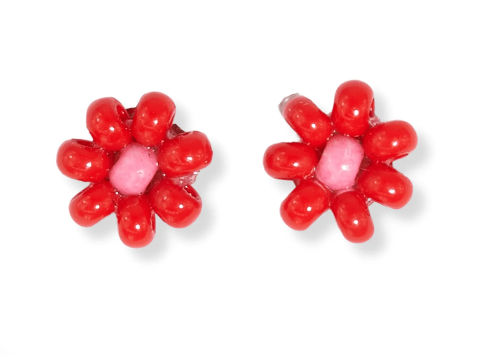 Two Color Beaded Post Earrings - Red