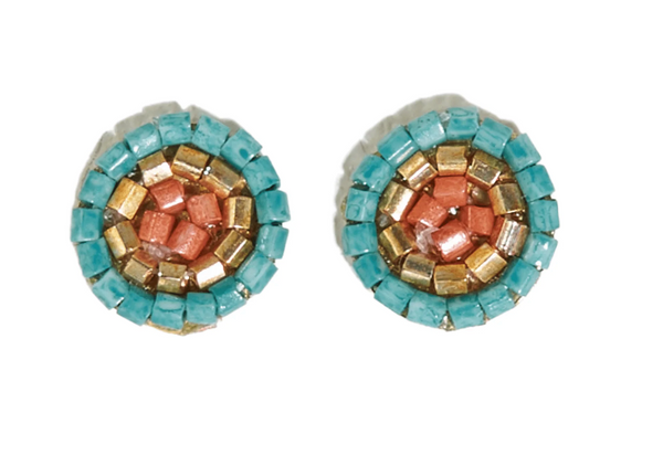 Circles Beaded Post Earrings - Teal