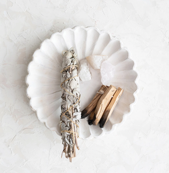 Mango Wood Carved Plate - White Wash