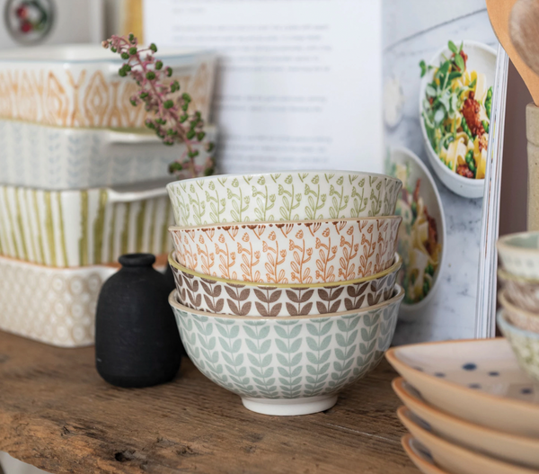 Stoneware Bowl w/ Pattern - Green Floral