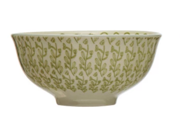 Stoneware Bowl w/ Pattern - Green Floral