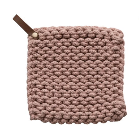 Crocheted Pot Holder w/ Leather Loop - Blush