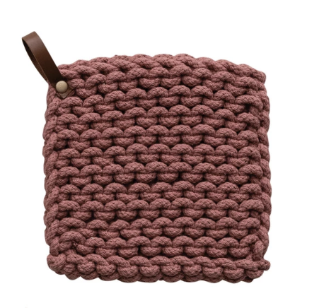 Crocheted Pot Holder w/ Leather Loop - Puce