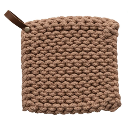 Crocheted Pot Holder w/ Leather Loop - Tan