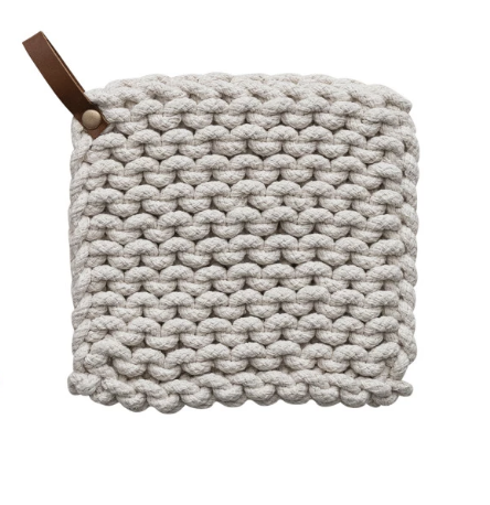 Crocheted Pot Holder w/ Leather Loop - Off-White