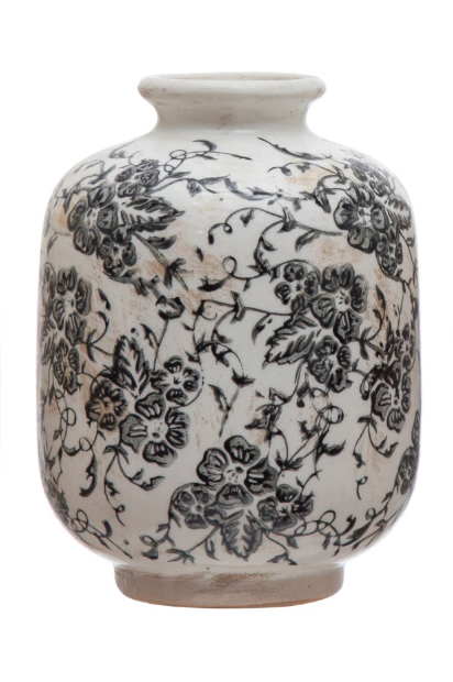 5.75" Terracotta Vase - Black Floral Pattern