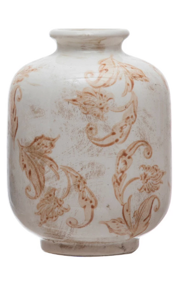 5.75" Terracotta Vase - Tan Floral Pattern