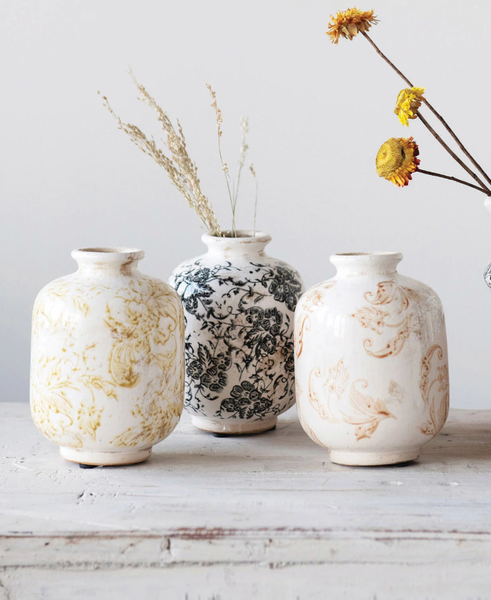 5.75" Terracotta Vase - Yellow Floral Pattern