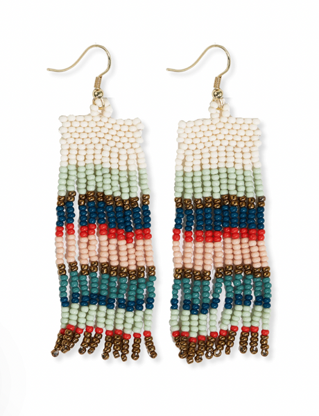 Adaline Stripes Beaded Fringe Earrings - Teal/Poppy