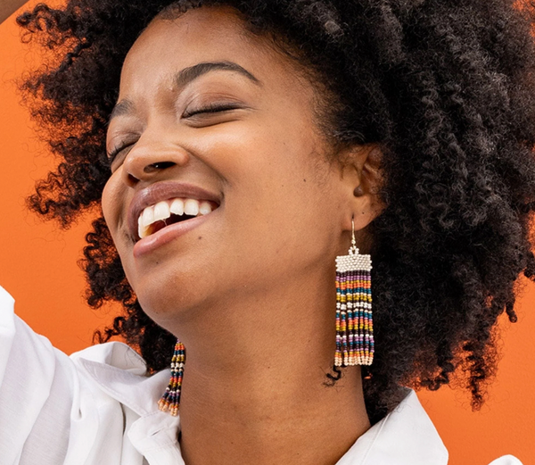 Adaline Stripes Beaded Fringe Earrings - Teal/Poppy