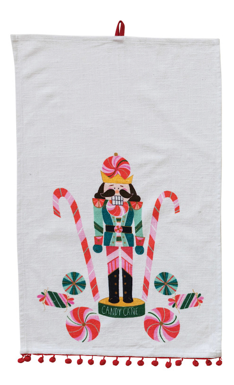 Cotton Printed Tea Towel w/ Nutcracker and Candy Cane