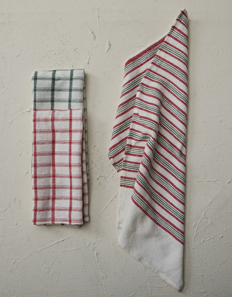 Waffle Weave Tea Towel - Green/Red/White Striped