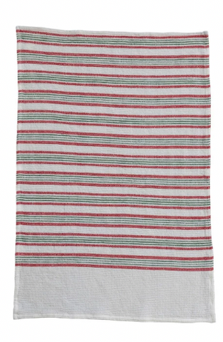 Waffle Weave Tea Towel - Green/Red/White Striped