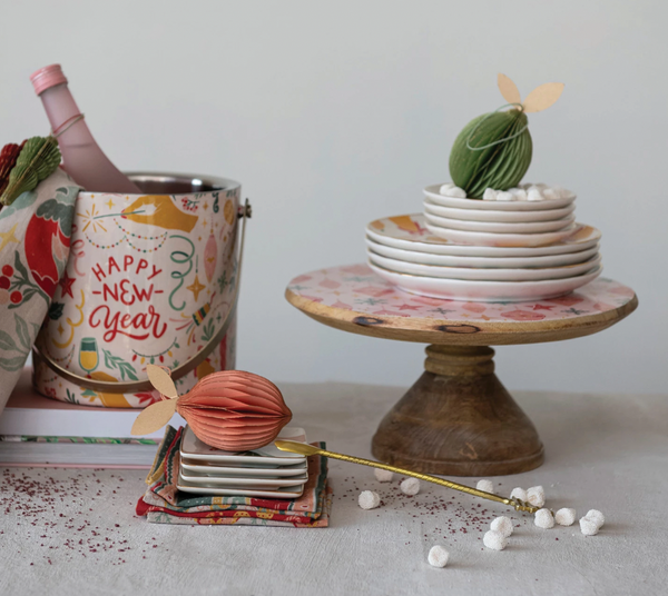 Enameled Mango Wood Cake Stand w/ Ornament Pattern