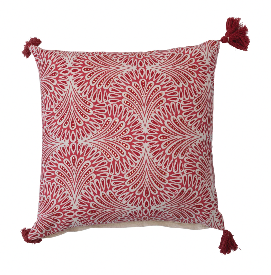 Cotton Printed Pillow - Red, White & Gold