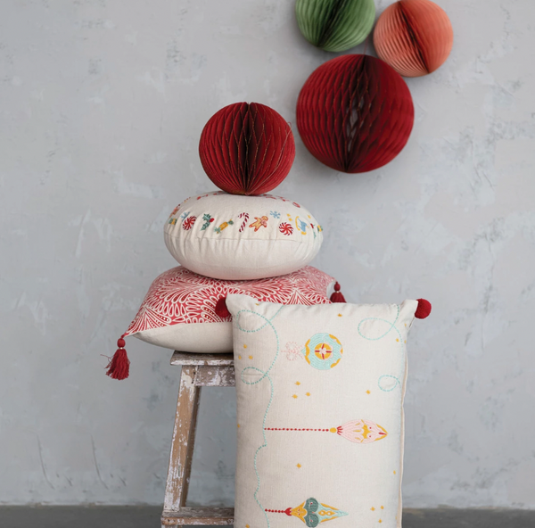 Cotton Printed Pillow - Red, White & Gold