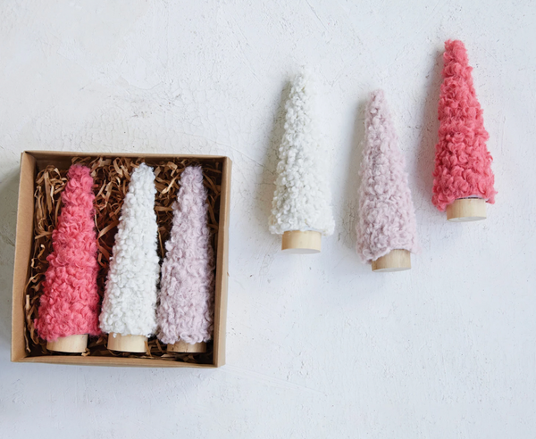 Fabric Trees w/Wood Bases - Pink/Cream Set of 3