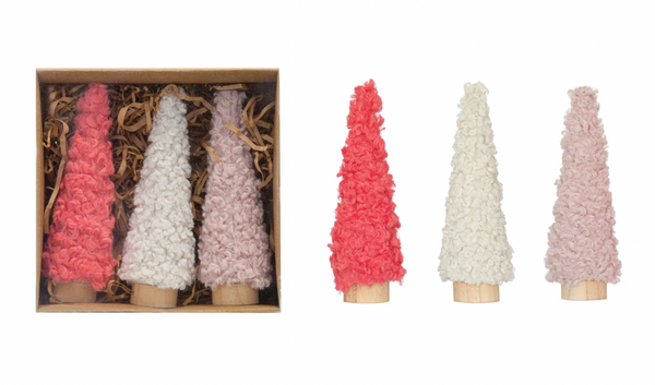 Fabric Trees w/Wood Bases - Pink/Cream Set of 3