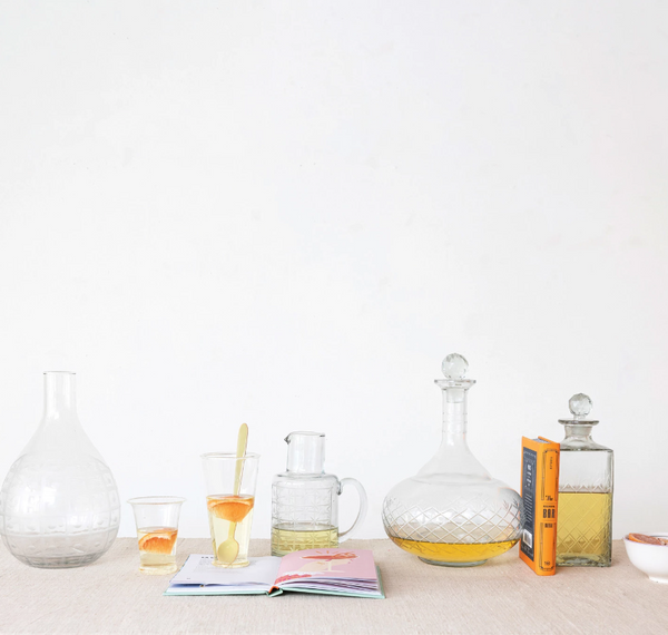 Hand-Blown Etched Recycled Glass Carafe