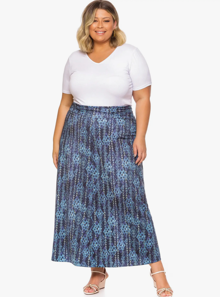 Amber Skirt (Plus Size) -- Blue Denim Print