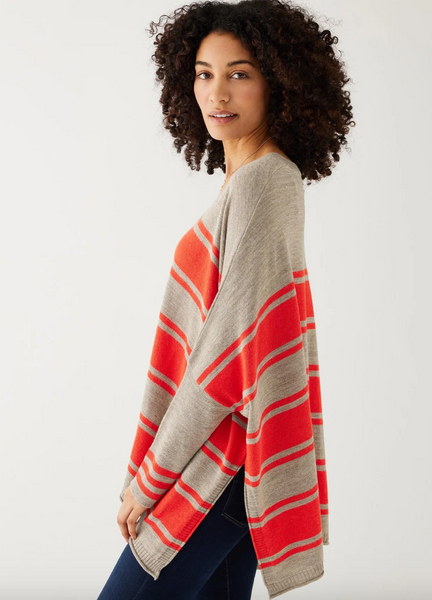 Catalina V-Neck Sweater -- Driftwood/Scarlet Stripe