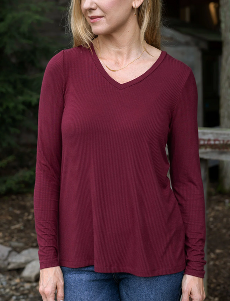 Ribbed Long Sleeve Top -- Wine