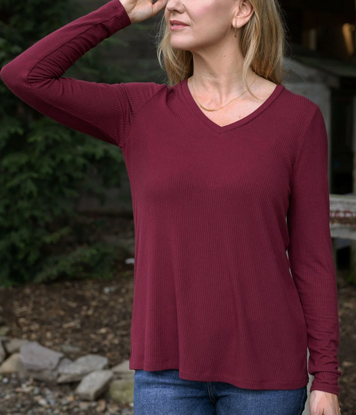 Ribbed Long Sleeve Top -- Wine