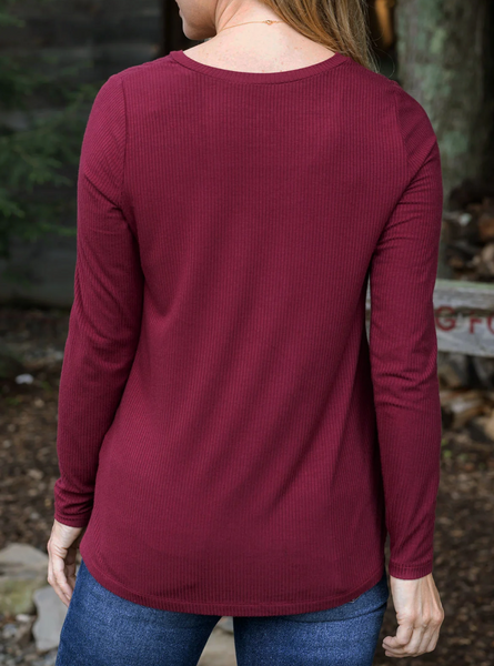 Ribbed Long Sleeve Top -- Wine