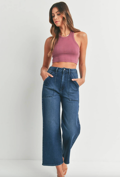 High Rise Cargo Pocket Jeans -- Dark Wash