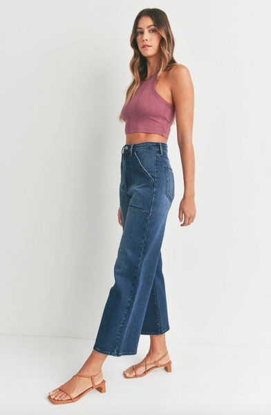 High Rise Cargo Pocket Jeans -- Dark Wash