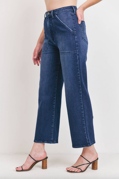 High Rise Cargo Pocket Jeans -- Dark Wash