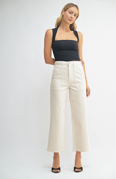 High Rise Cargo Pocket Jeans -- Almond