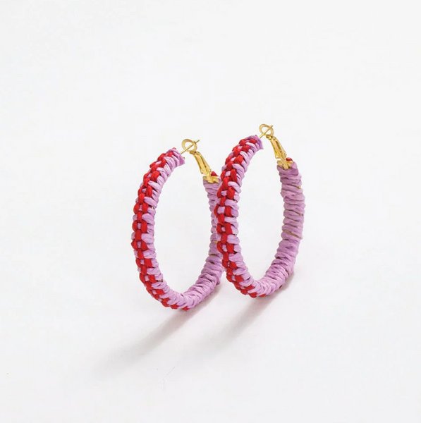 Holly Two-Color Woven Raffia Hoops - Lavender/Poppy