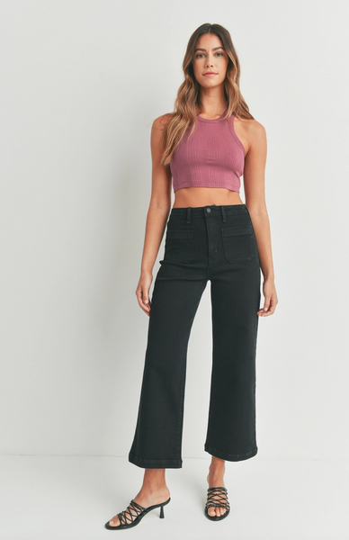 Patch Pocket Wide Leg Jeans -- Black