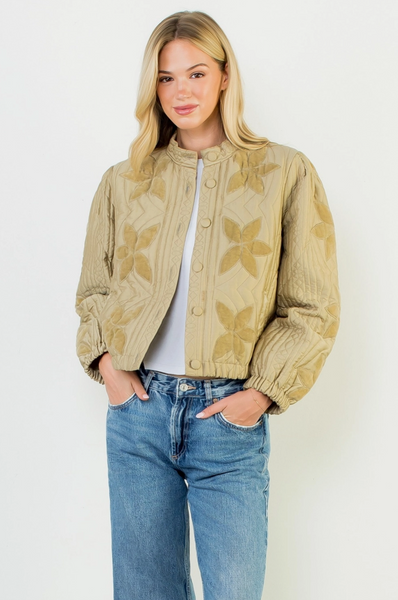 Flower Quilted Jacket--Olive