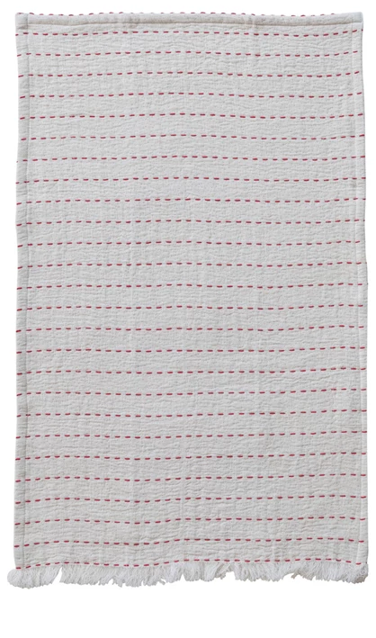 Kantha Stitch Tea Towel - Red Stripe