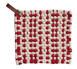 Crocheted Pot Holder w/ Leather Loop - Red Plaid