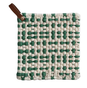 Crocheted Pot Holder w/ Leather Loop - Green Plaid