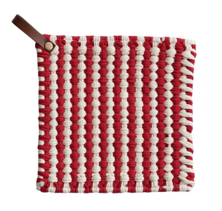 Crocheted Pot Holder w/ Leather Loop - Red Stripe