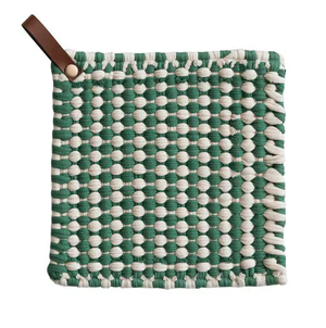 Crocheted Pot Holder w/ Leather Loop - Green Stripe